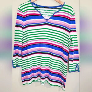 Talbots Womens Linen‎ Blend Top Size L Colorful Striped Tunic Embroidered Summer